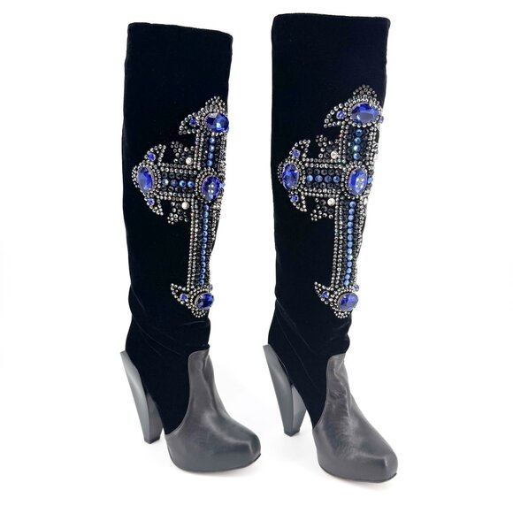 Versace Crystal Cross Knee High Boots EU 37 US 7 Black Velvet High Heel Platform - Picture 1 of 14